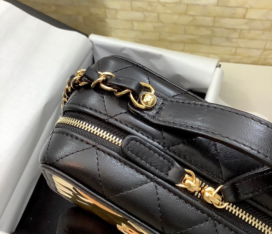 CHLVanity Case Black With Gold Metal For Women, Women’s Handbags, Shoulder And Crossbody Bags 7.2in/19cm AS2900