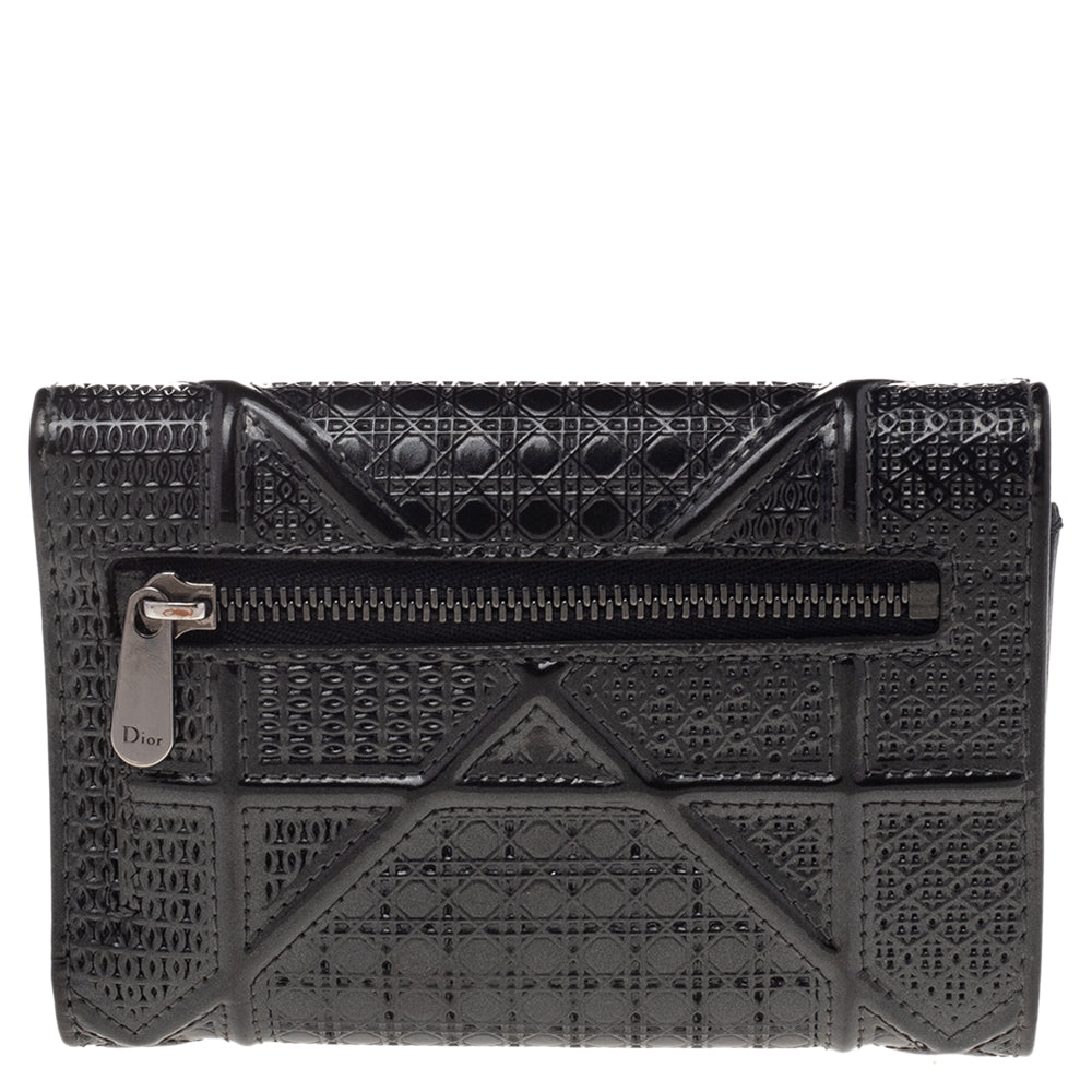 Dior Metallic Grey Micro Cannage Patent Leather Diorama Trifold Wallet..