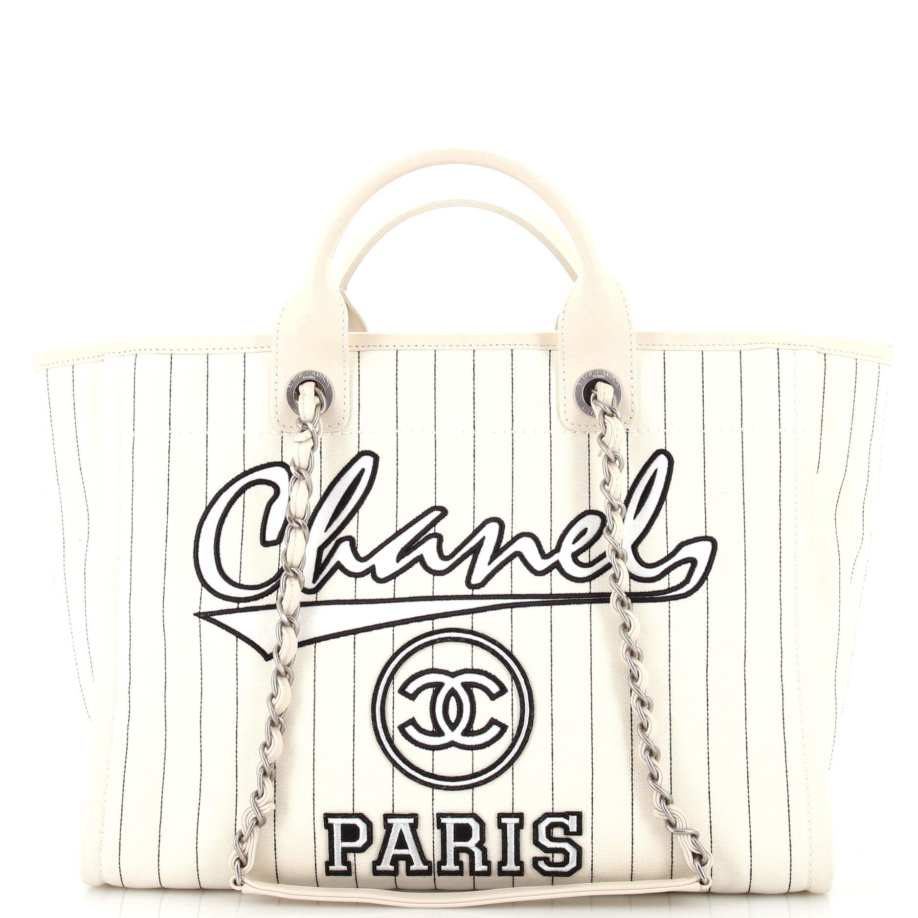 CHANEL Deauville Tote Pinstripe Cotton Medium