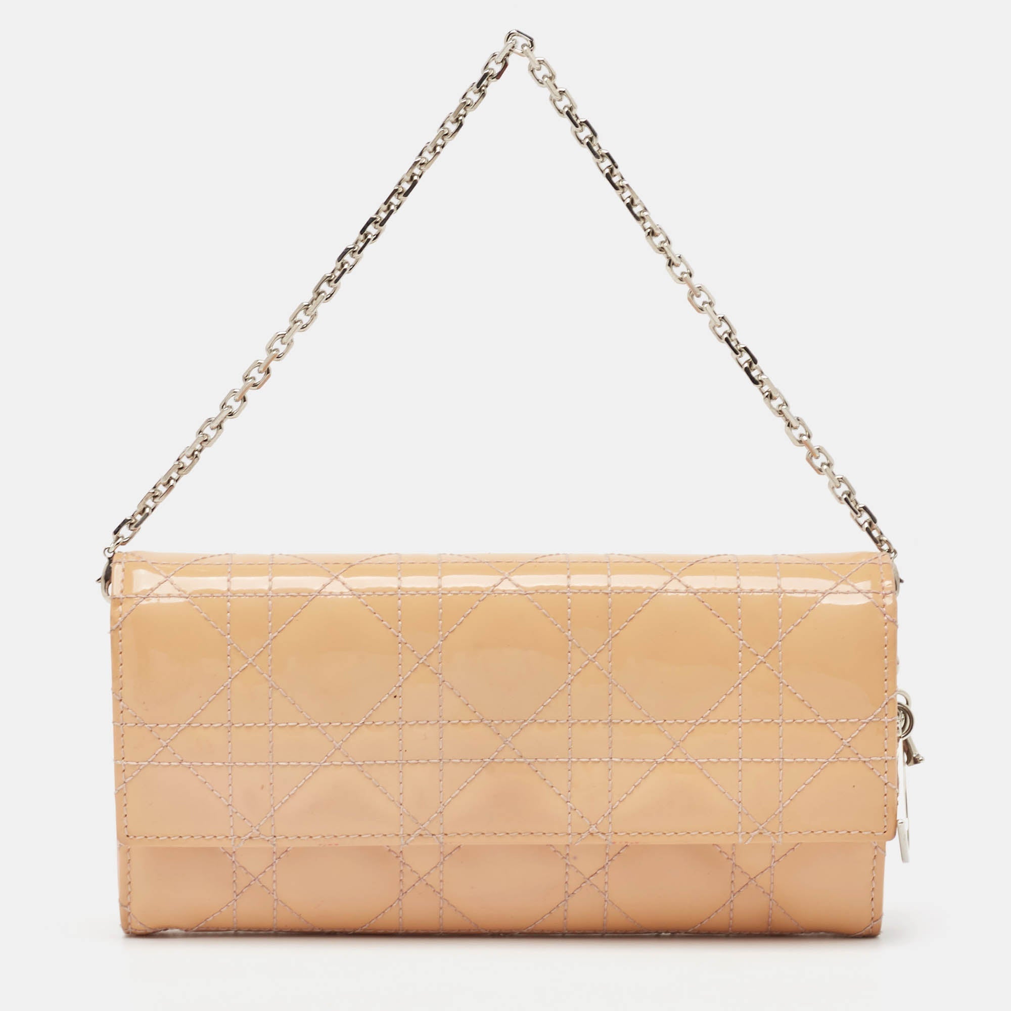 Dior Light Pink Cannage Patent Leather Lady Dior Wallet On Chain