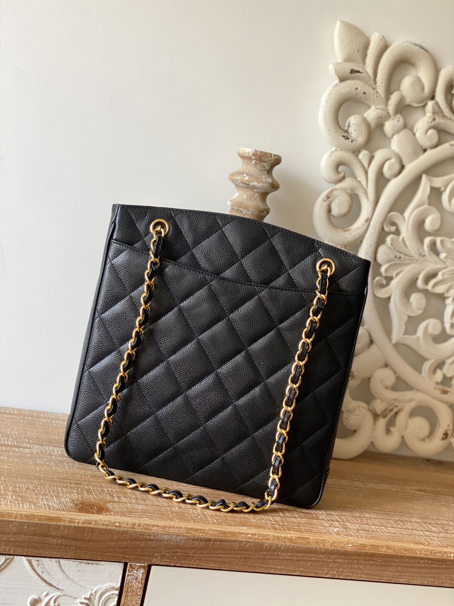 CHLVintage Black Large Quilted Caviar Tote Bag For Women 28cm/11in