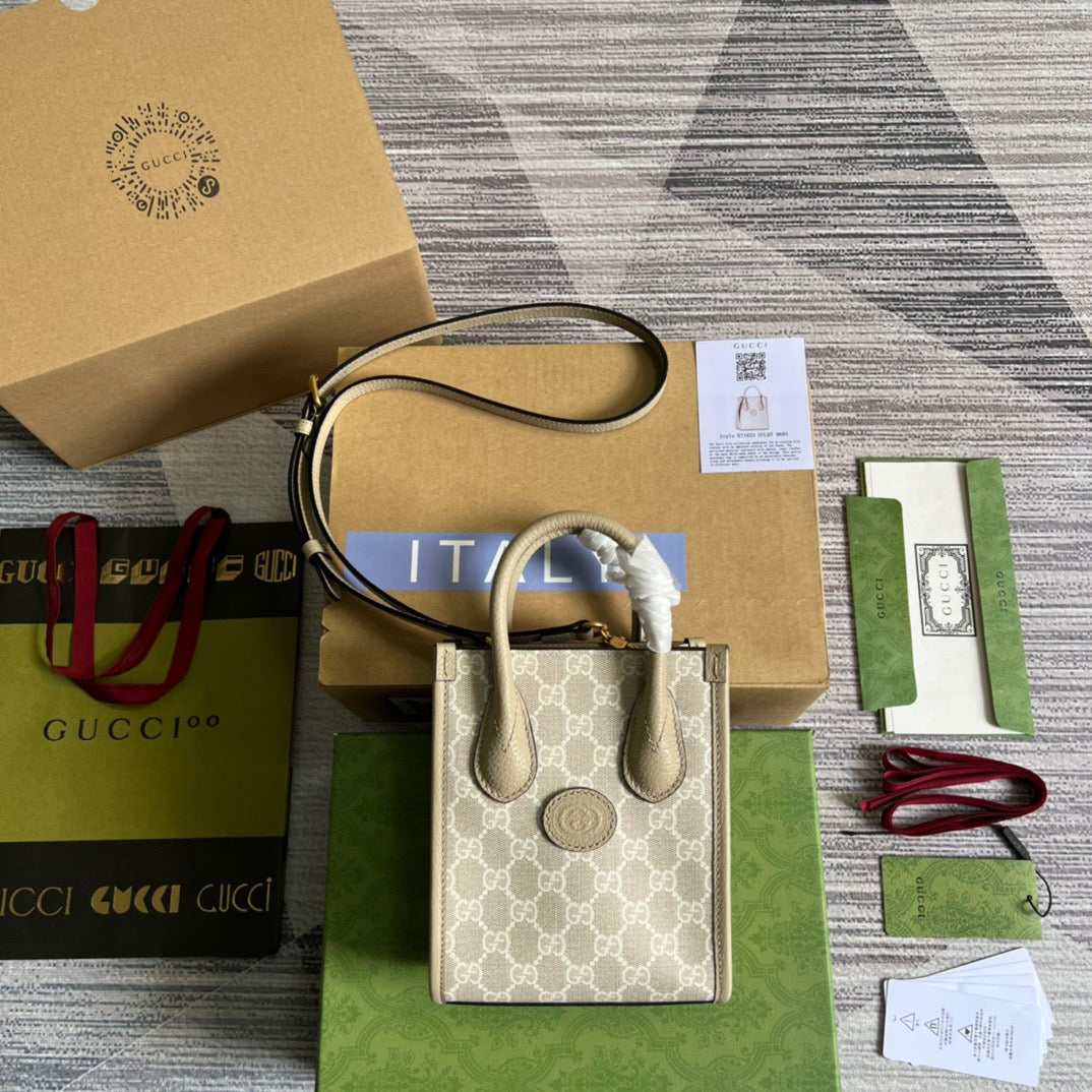 gg Mini Tote Bag With Interlocking G Beige For Women, Women’s Bags 7.8in/20cm gg ‎671623 UULBT 9683