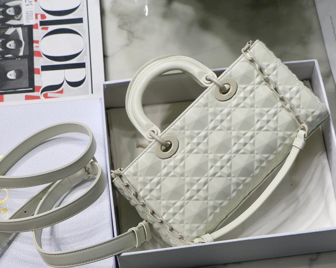 GLAMI Lady D-Joy Bag White Macrocannage Technical Fabric, White Handbags, 26cm CD M0540OTID_M933