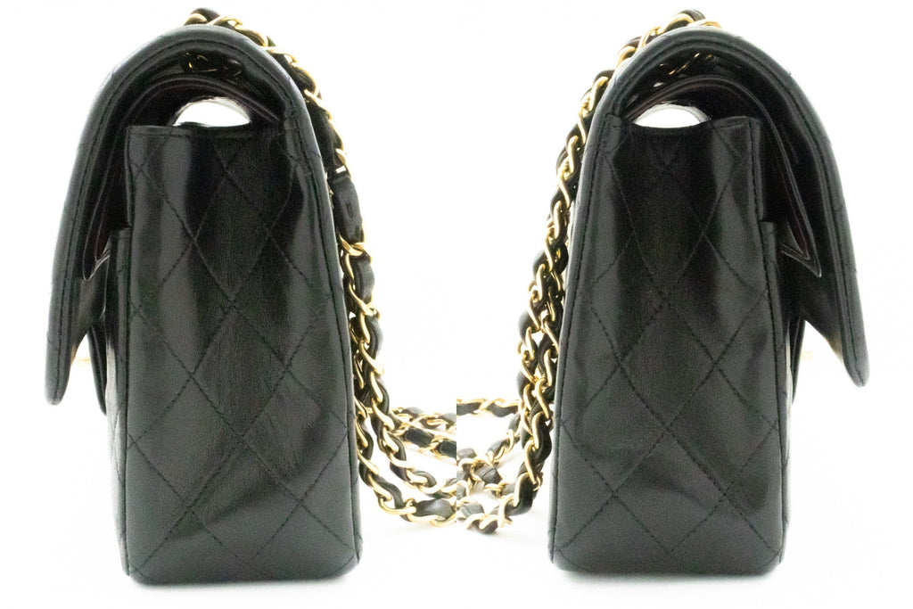 CHANEL Classic Double Flap 10" Chain Shoulder Bag Black Lambskin k49