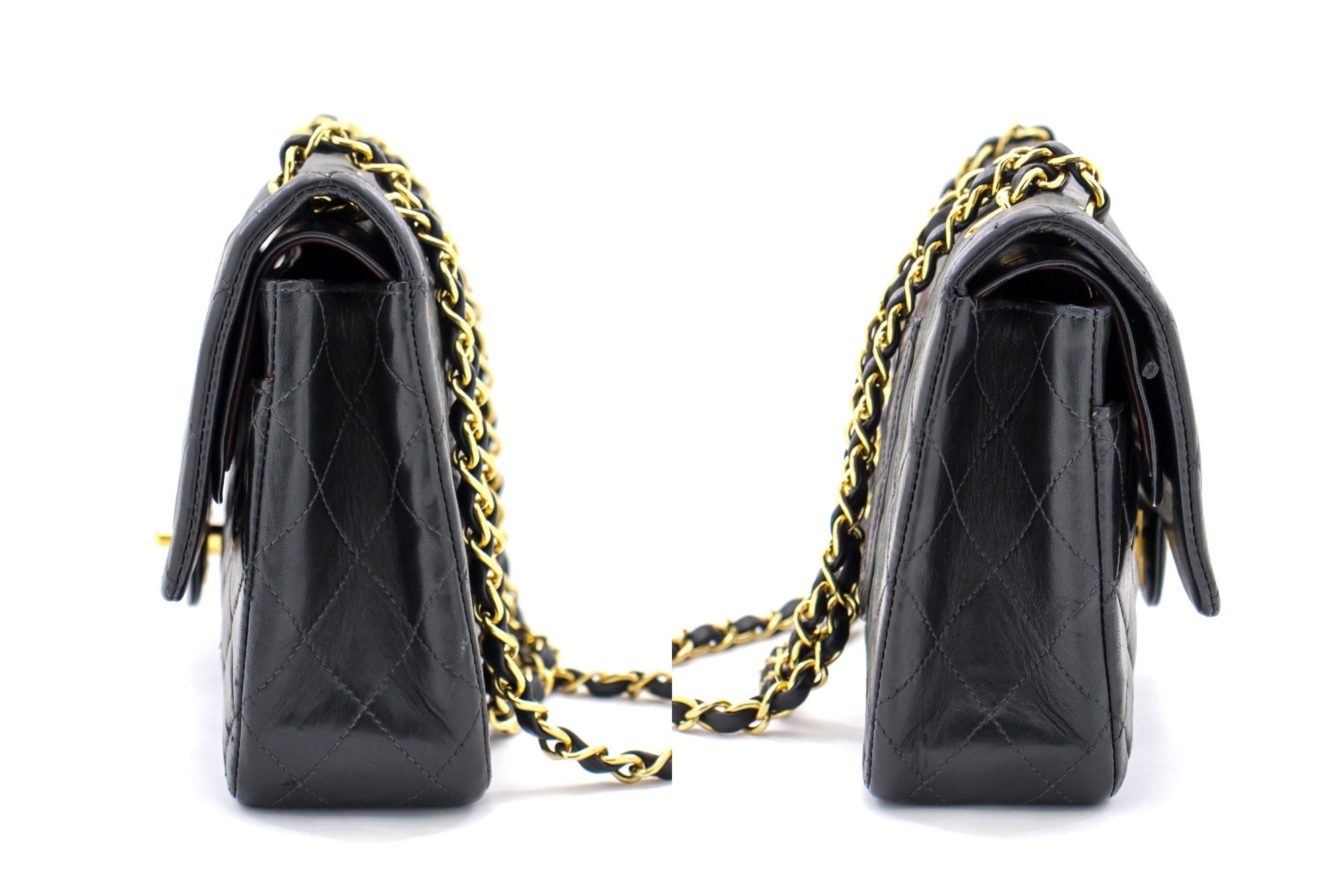 CHANEL 2.55 Double Flap Medium Chain Shoulder Bag Black Lambskin i51