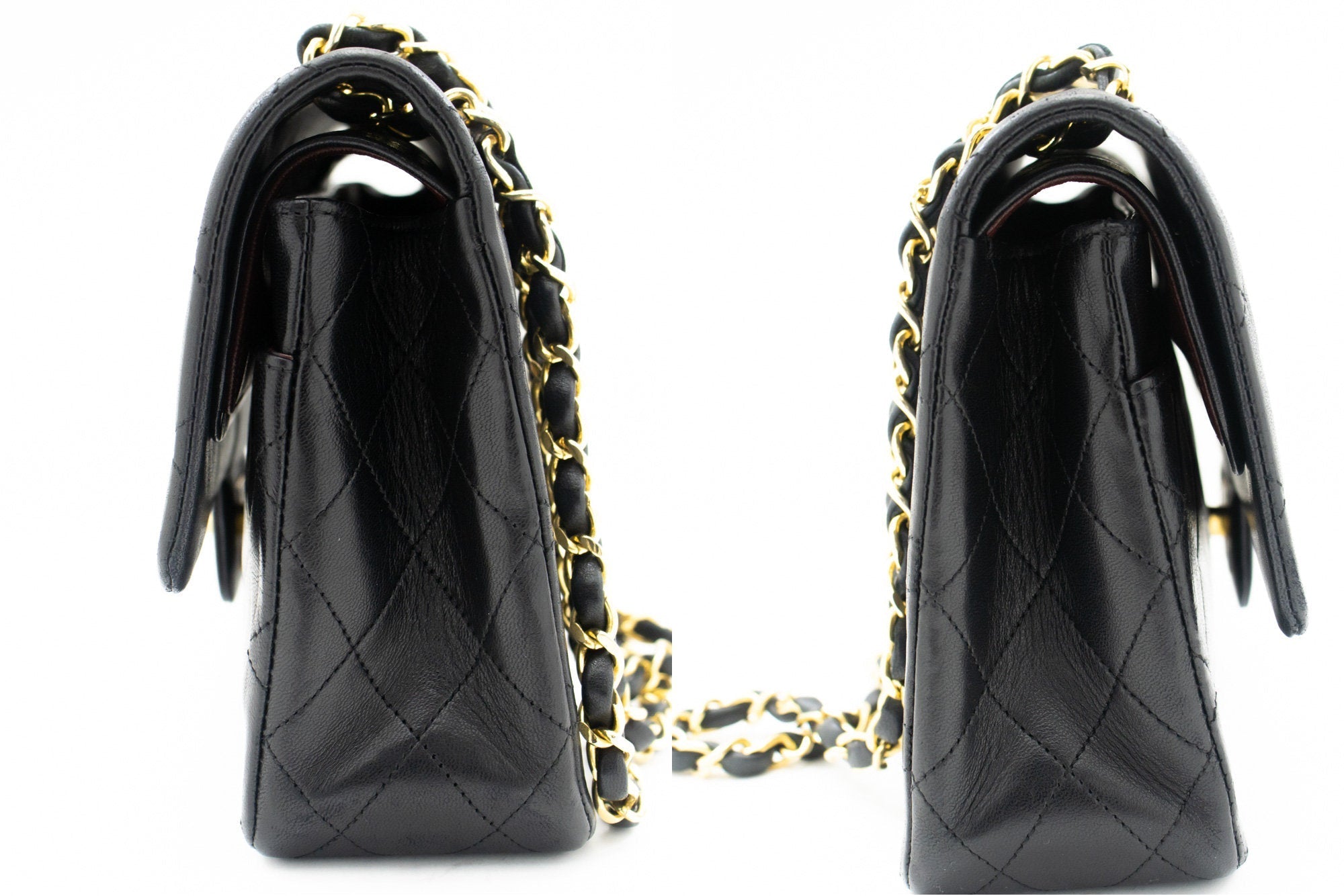 CHANEL Classic Double Flap 10" Chain Shoulder Bag Black Lambskin k69