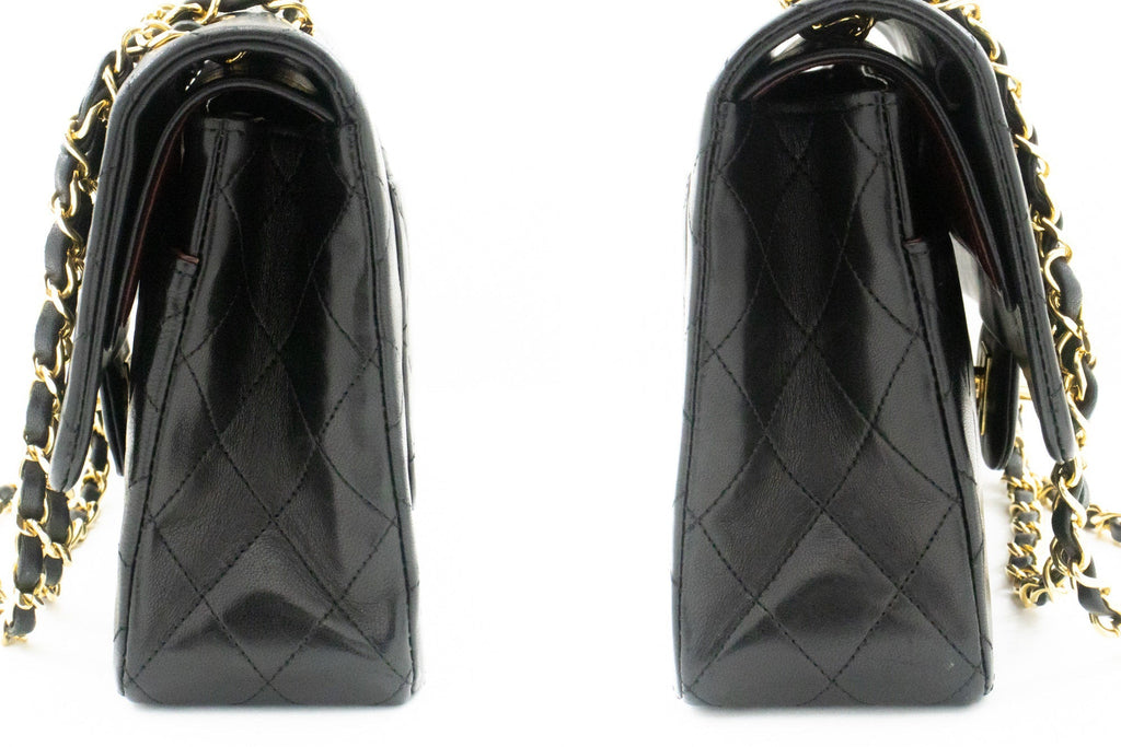 CHANEL Classic Double Flap 10" Chain Shoulder Bag Black Lambskin k46