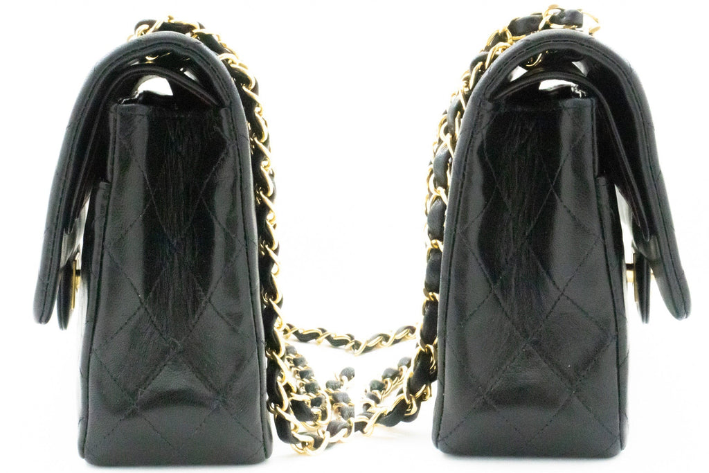 CHANEL Classic Double Flap 10" Chain Shoulder Bag Black Lambskin k66