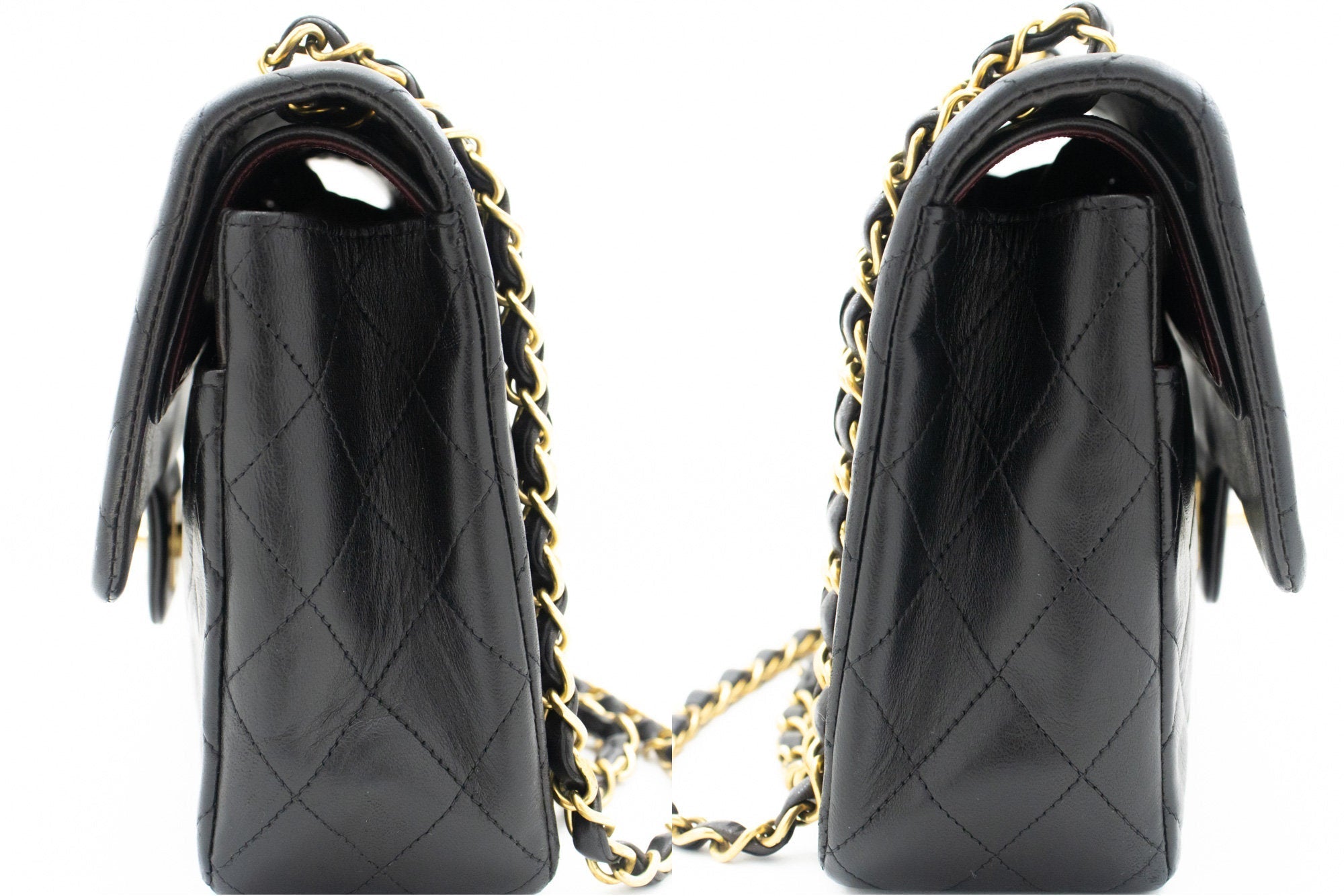 CHANEL Classic Double Flap 10" Chain Shoulder Bag Black Lambskin k77