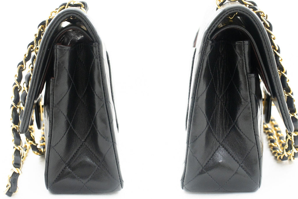 CHANEL Classic Double Flap 10" Chain Shoulder Bag Black Lambskin k03