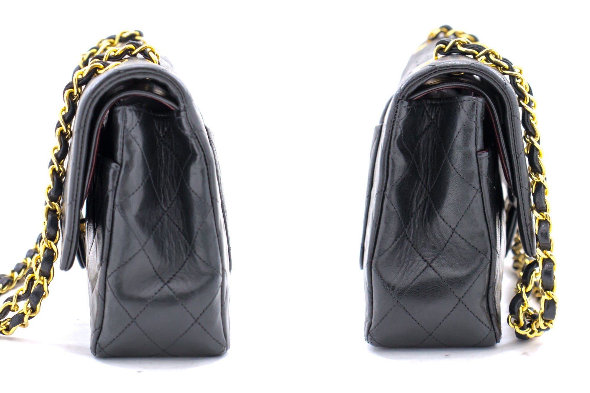 CHANEL Classic Double Flap 10" Chain Shoulder Bag Black Lambskin i71