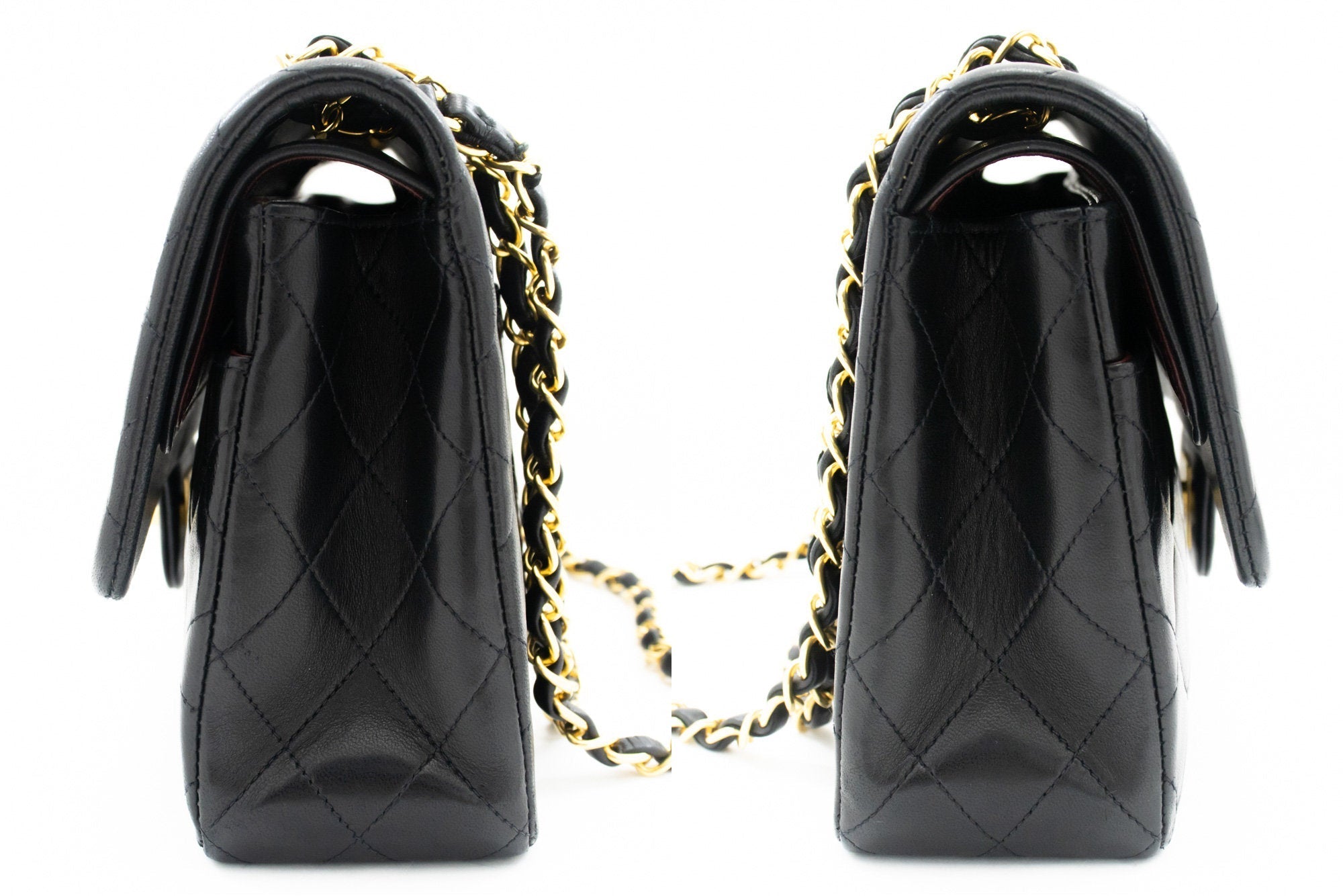 CHANEL Classic Double Flap 10" Chain Shoulder Bag Black Lambskin k76