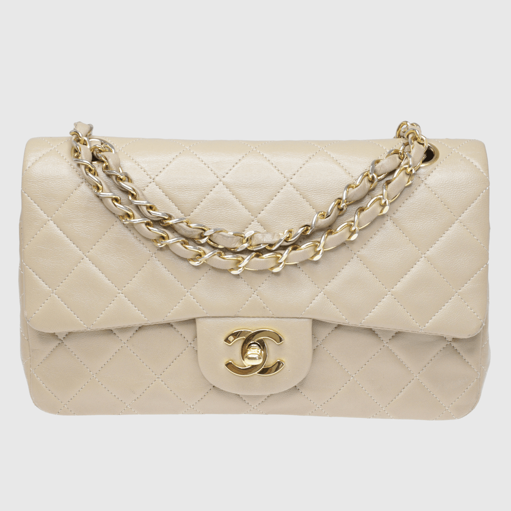 Beige Vintage Quilted Classic Small Double Flap Bag w Gold Hardware