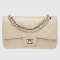 Beige Vintage Quilted Classic Small Double Flap Bag w Gold Hardware