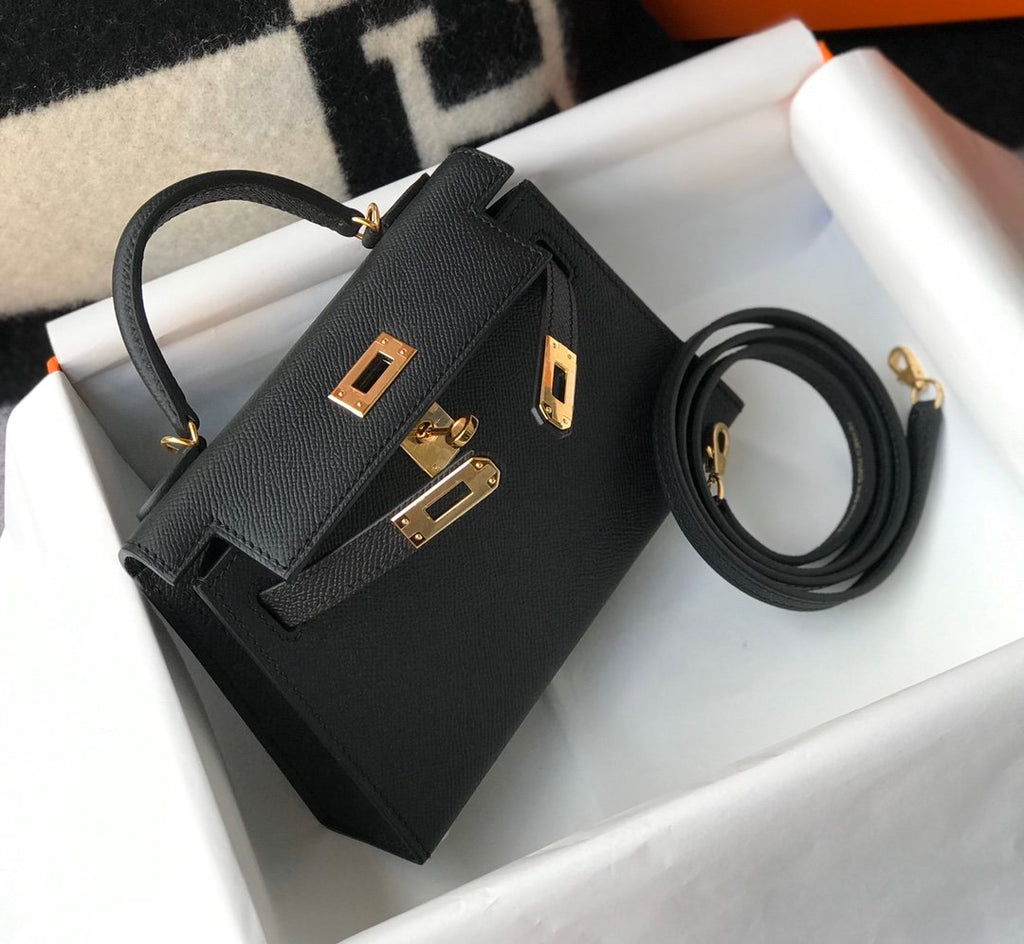 HM Mini Kelly 19 Sellier Epsom Black Bag For Women, Handbags, Shoulder Bags 7.5in/19cm