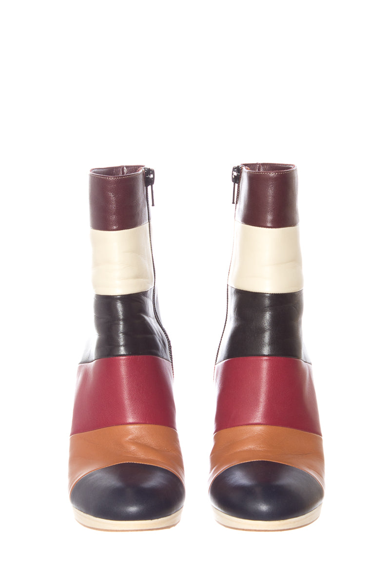 Valentino Maroon,Black,Peanut Lather Color Block Boots SZ 38