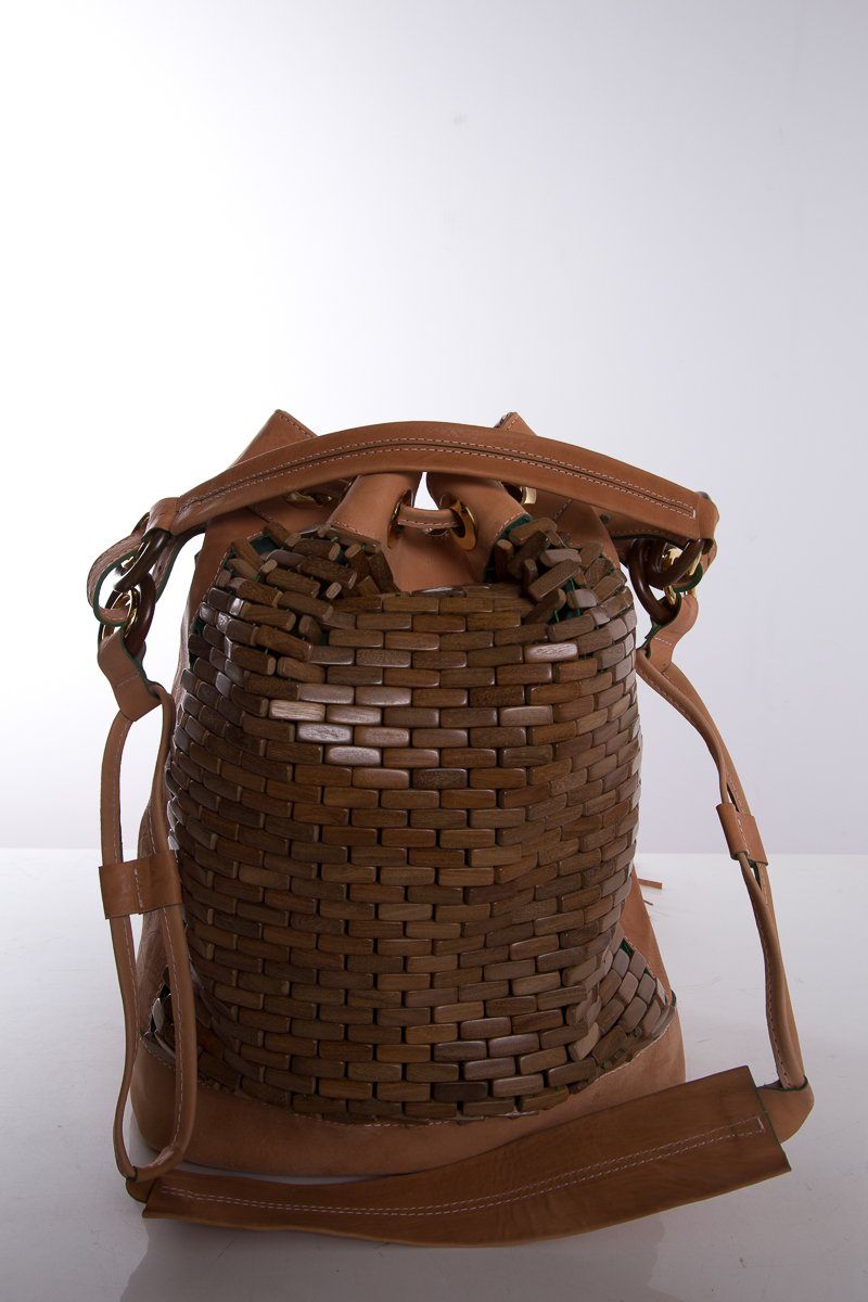 The Nomadic Collector Tan/Brown/Green Wooden Beaded Bucket Bag