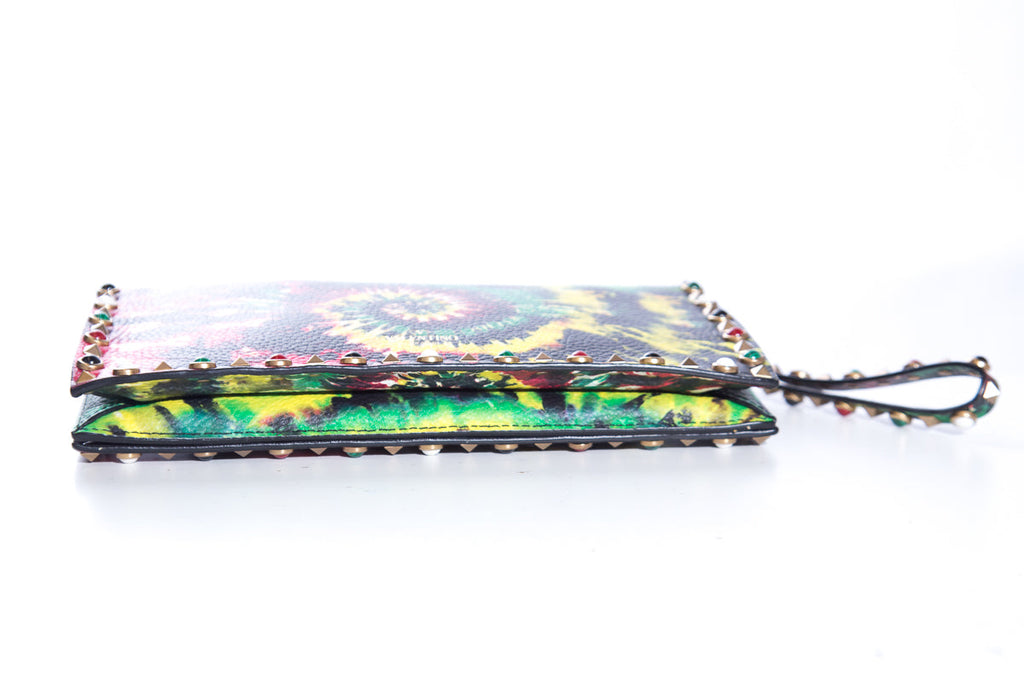 Valentino Pebbled Calfskin Tie-Dye Rockstud Rolling Wristlet Clutch