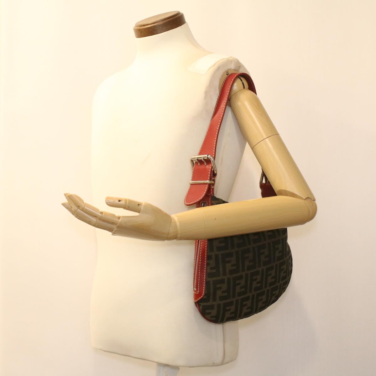 FENDI Zucca Canvas Shoulder Bag Brown Black ac1729
