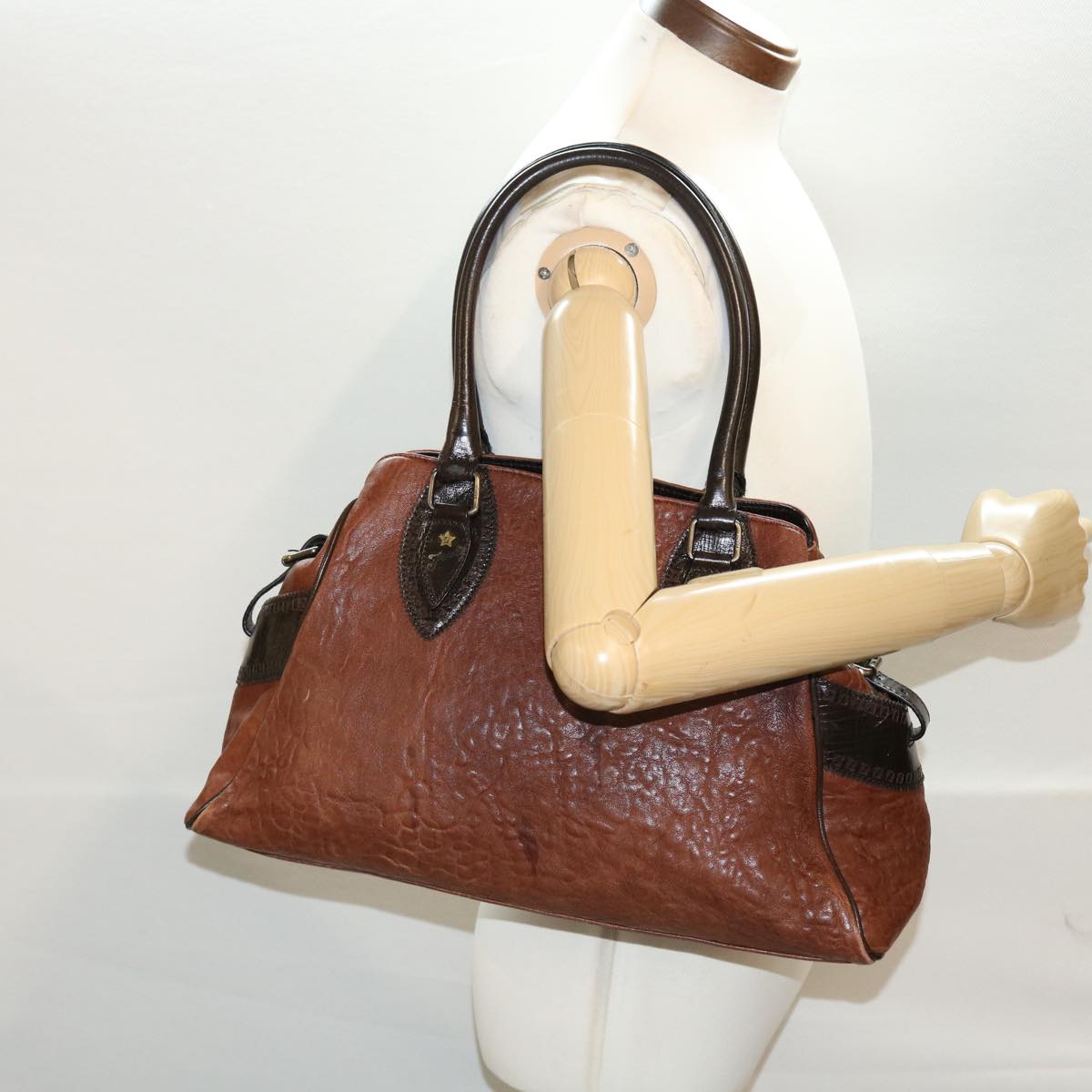 FENDI Etnico Hand Bag Leather Brown ac1980