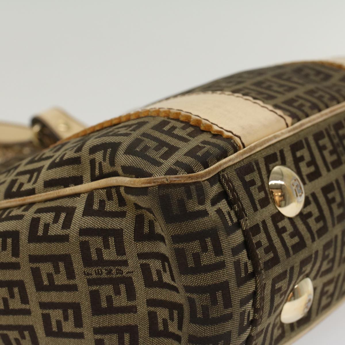 FENDI Zucchino Canvas Shoulder Bag Leather Brown ac2009