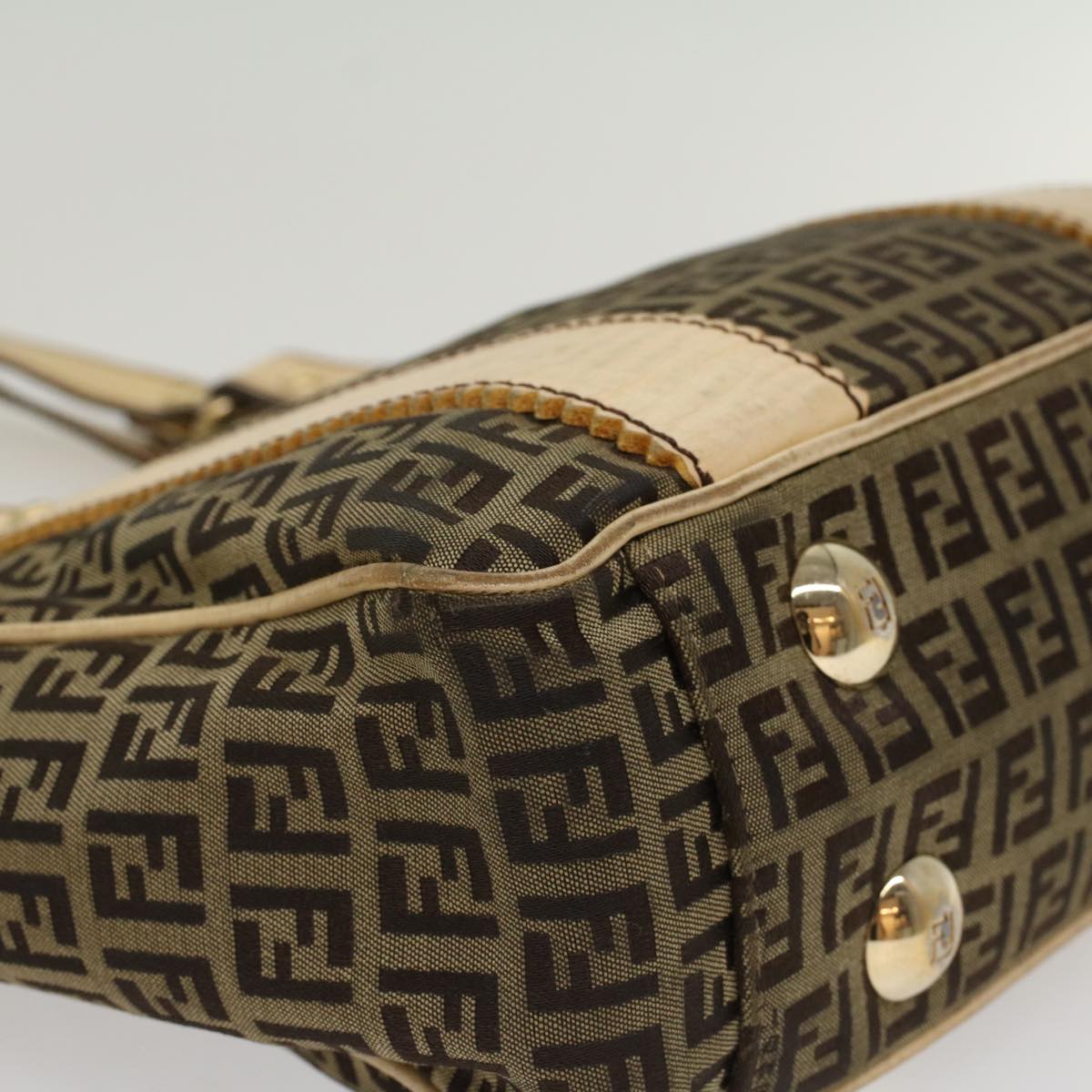FENDI Zucchino Canvas Shoulder Bag Leather Brown ac2009