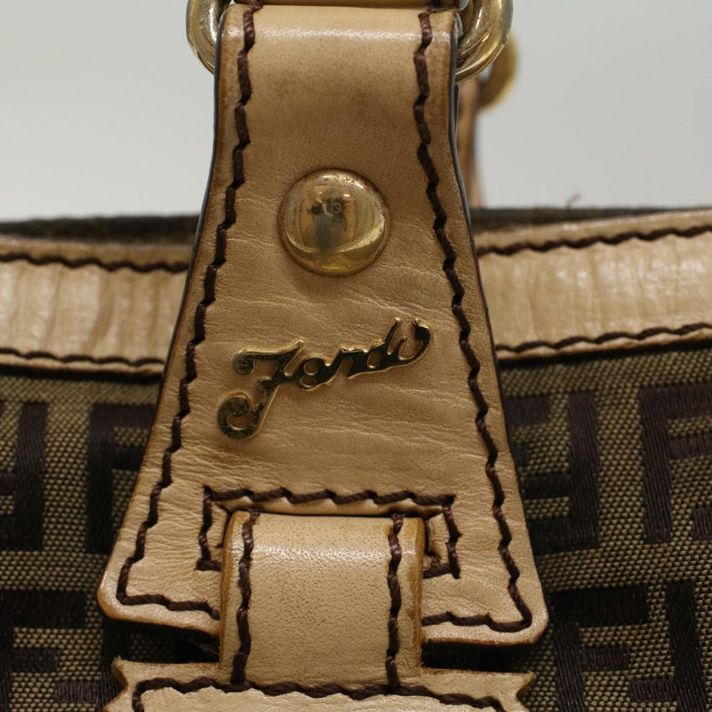 FENDI Zucchino Canvas Shoulder Bag Leather Brown ac2009