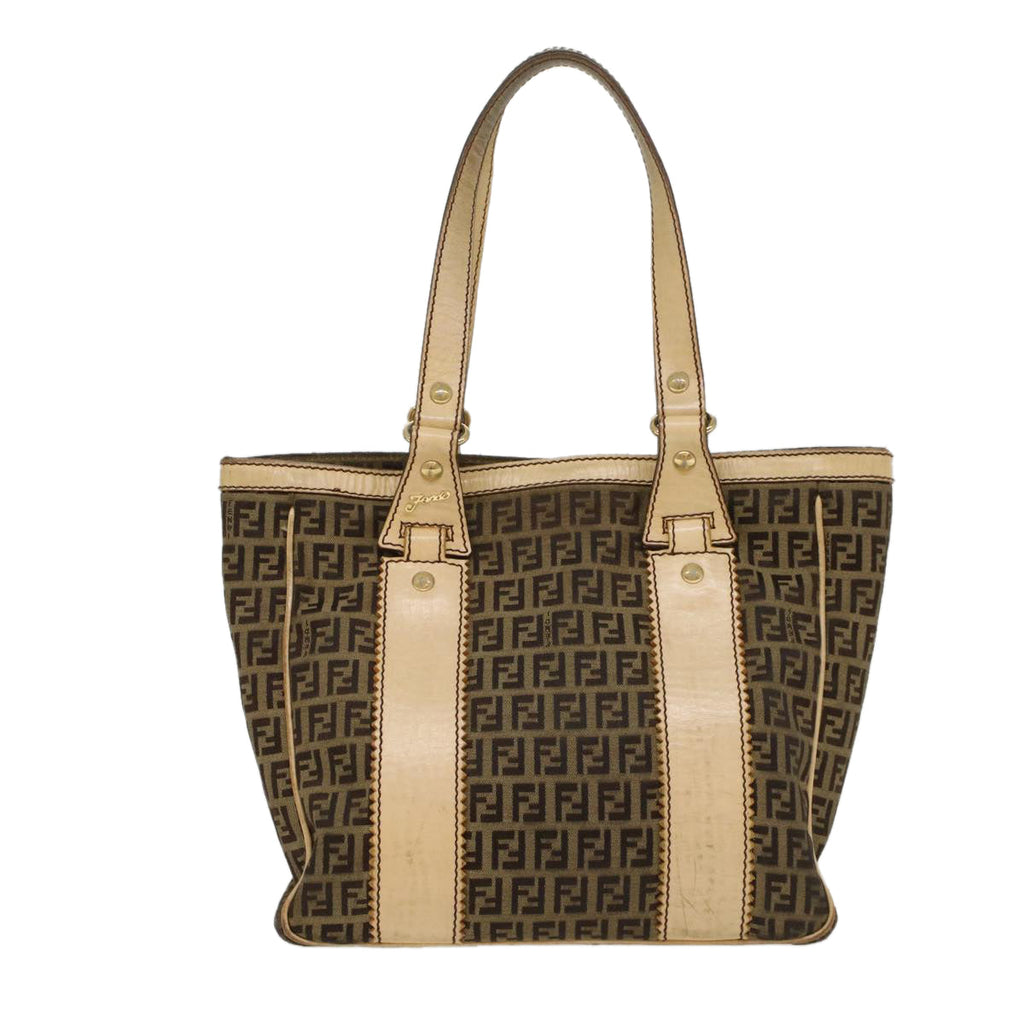 FENDI Zucchino Canvas Shoulder Bag Leather Brown ac2009