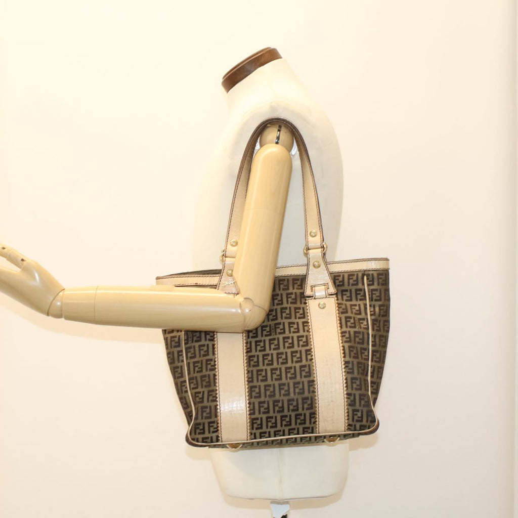 FENDI Zucchino Canvas Shoulder Bag Leather Brown ac2009
