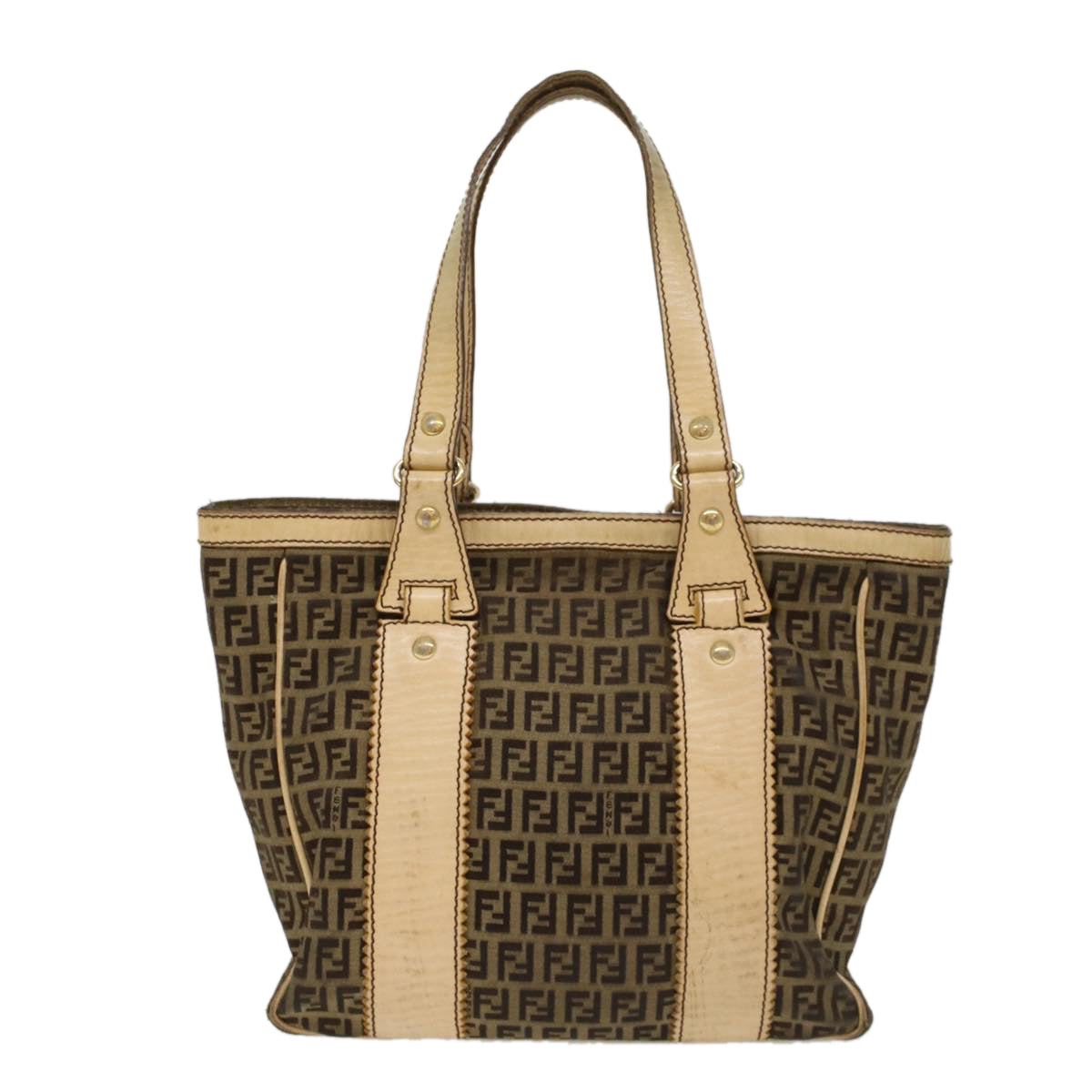 FENDI Zucchino Canvas Shoulder Bag Leather Brown ac2009