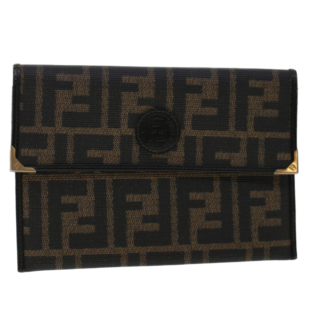 FENDI Zucca Canvas Pouch PVC Leather Black Brown ac2047