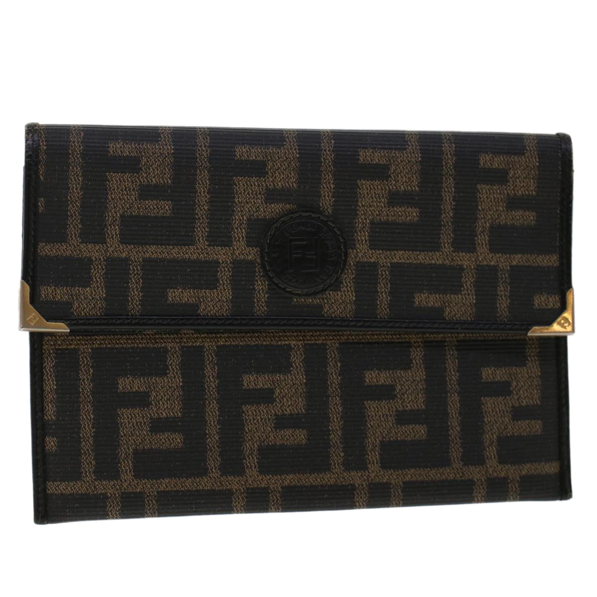 FENDI Zucca Canvas Pouch PVC Leather Black Brown ac2047