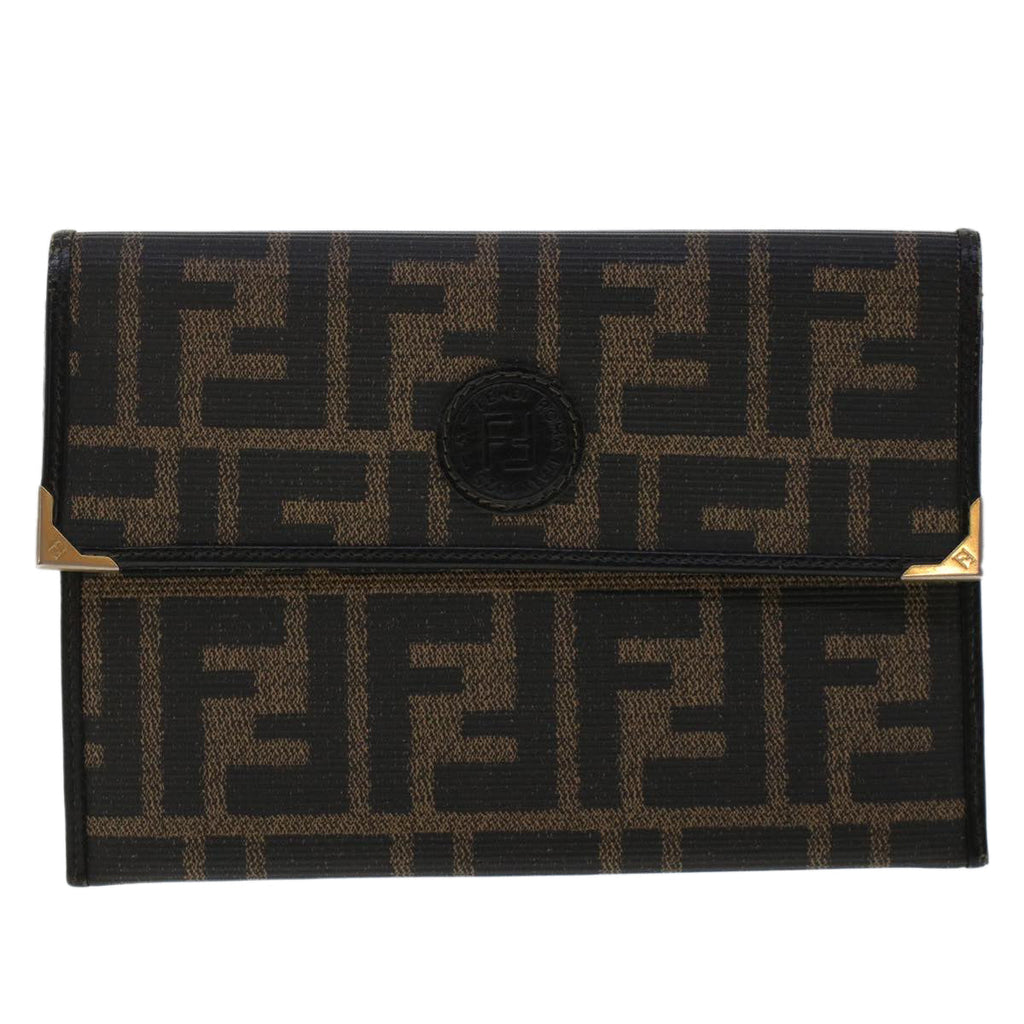 FENDI Zucca Canvas Pouch PVC Leather Black Brown ac2047