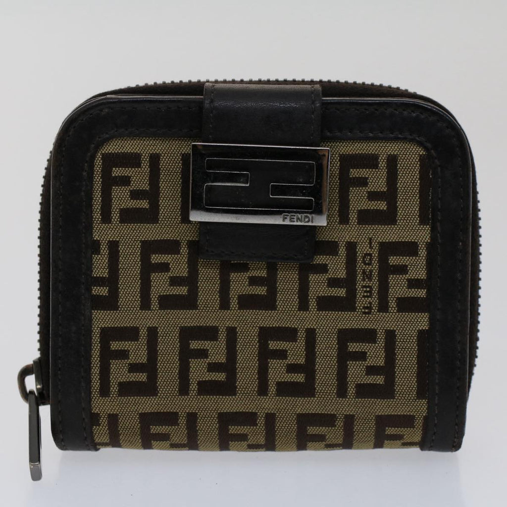 FENDI Zucchino Pequin Canvas Pouch Wallet PVC Leather 2Set Brown ac2094