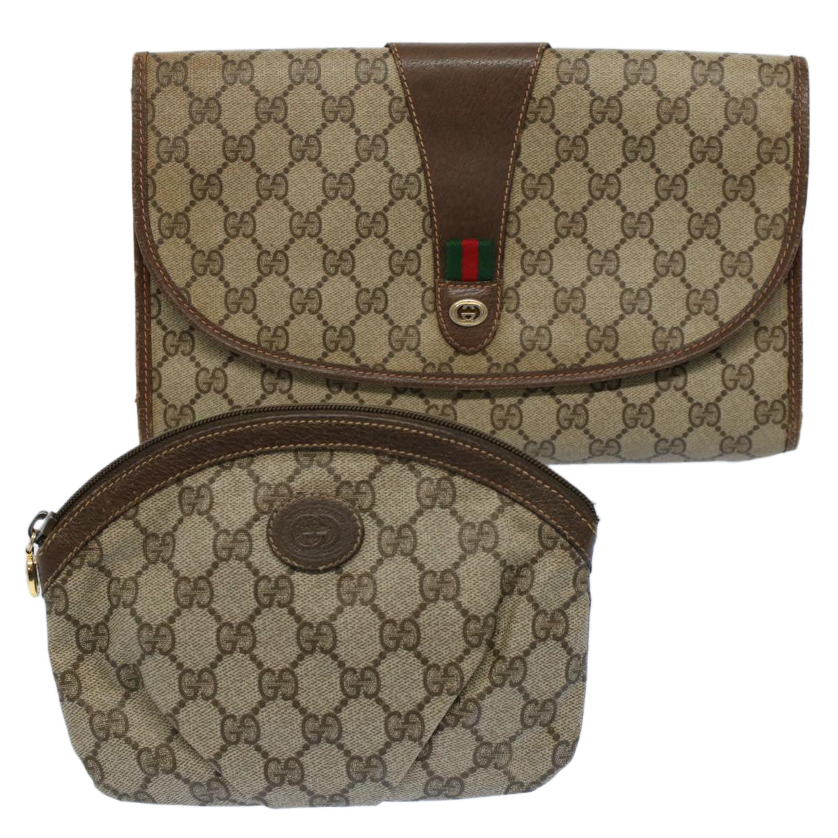 GUCCI GG Supreme Web Sherry Line Clutch Bag 2Set Beige Red Green ac2325