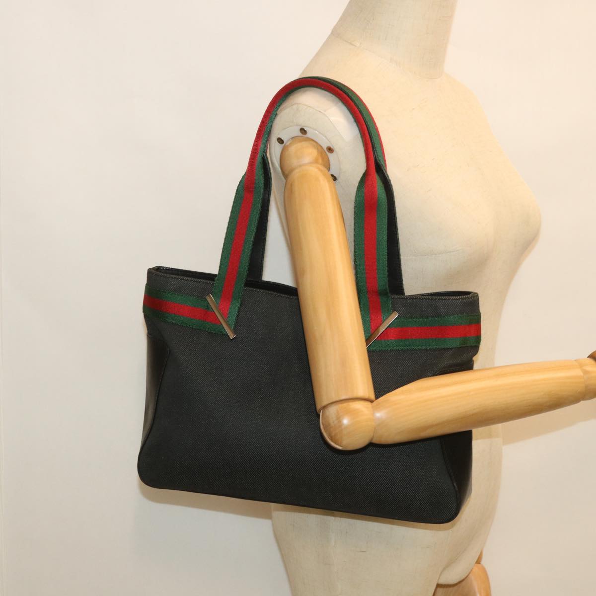 GUCCI Web Sherry Line Tote Bag Canvas Black Red Green 73983 ac2351