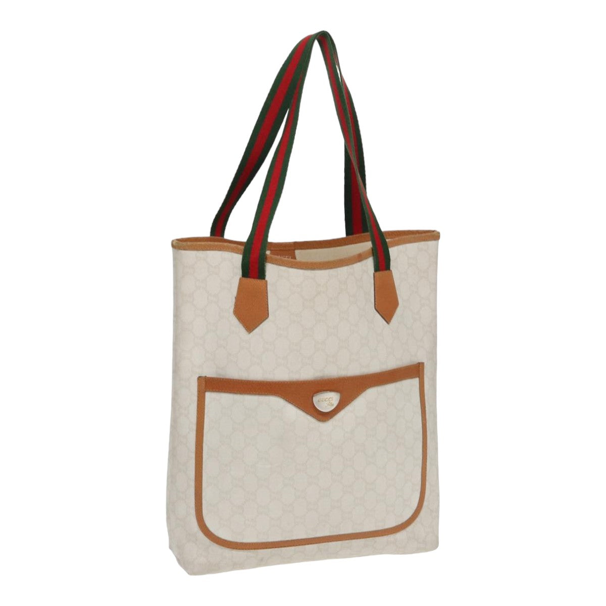 GUCCI GG Plus Supreme Web Sherry Line Tote Bag PVC Leather White Red ac3160