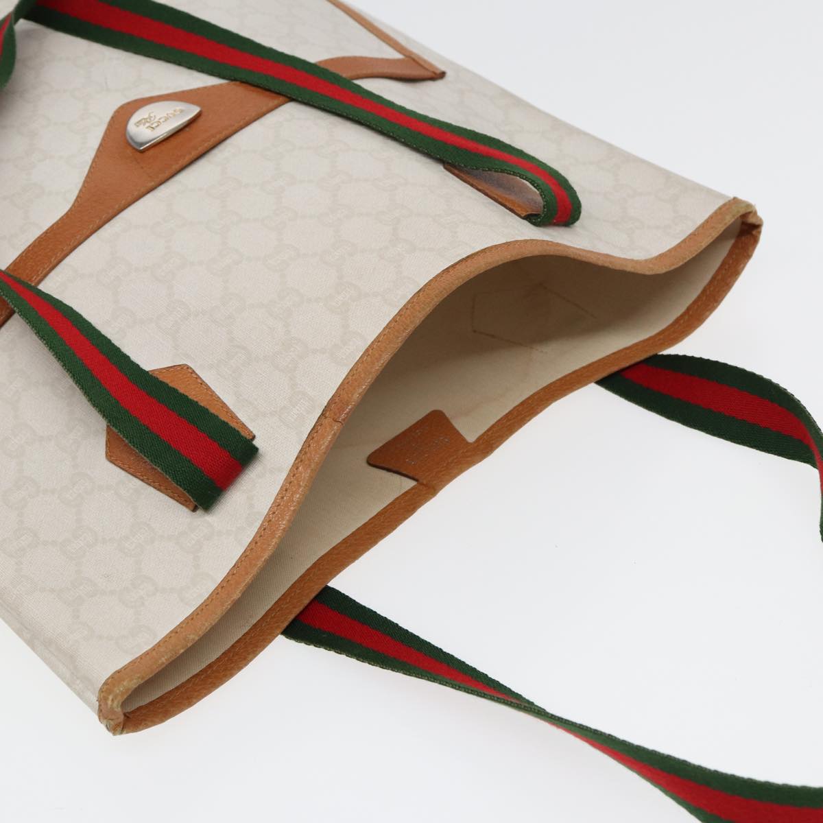 GUCCI GG Plus Supreme Web Sherry Line Tote Bag PVC Leather White Red ac3160