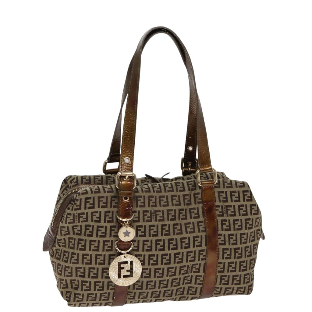 FENDI Zucchino Canvas Shoulder Bag Beige Gold ac3210