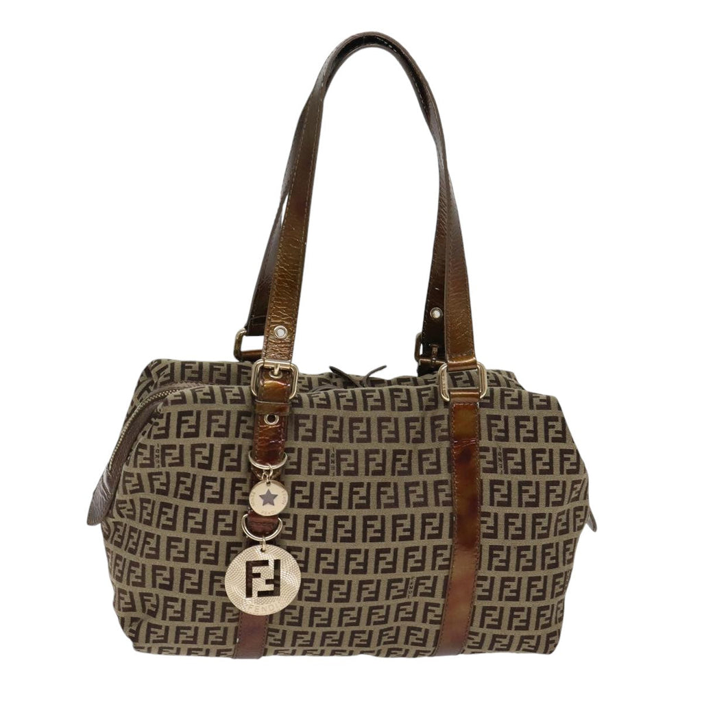FENDI Zucchino Canvas Shoulder Bag Beige Gold ac3210