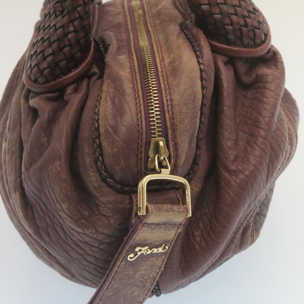 FENDI Zucca Hand Bag Leather Wine Red ac567
