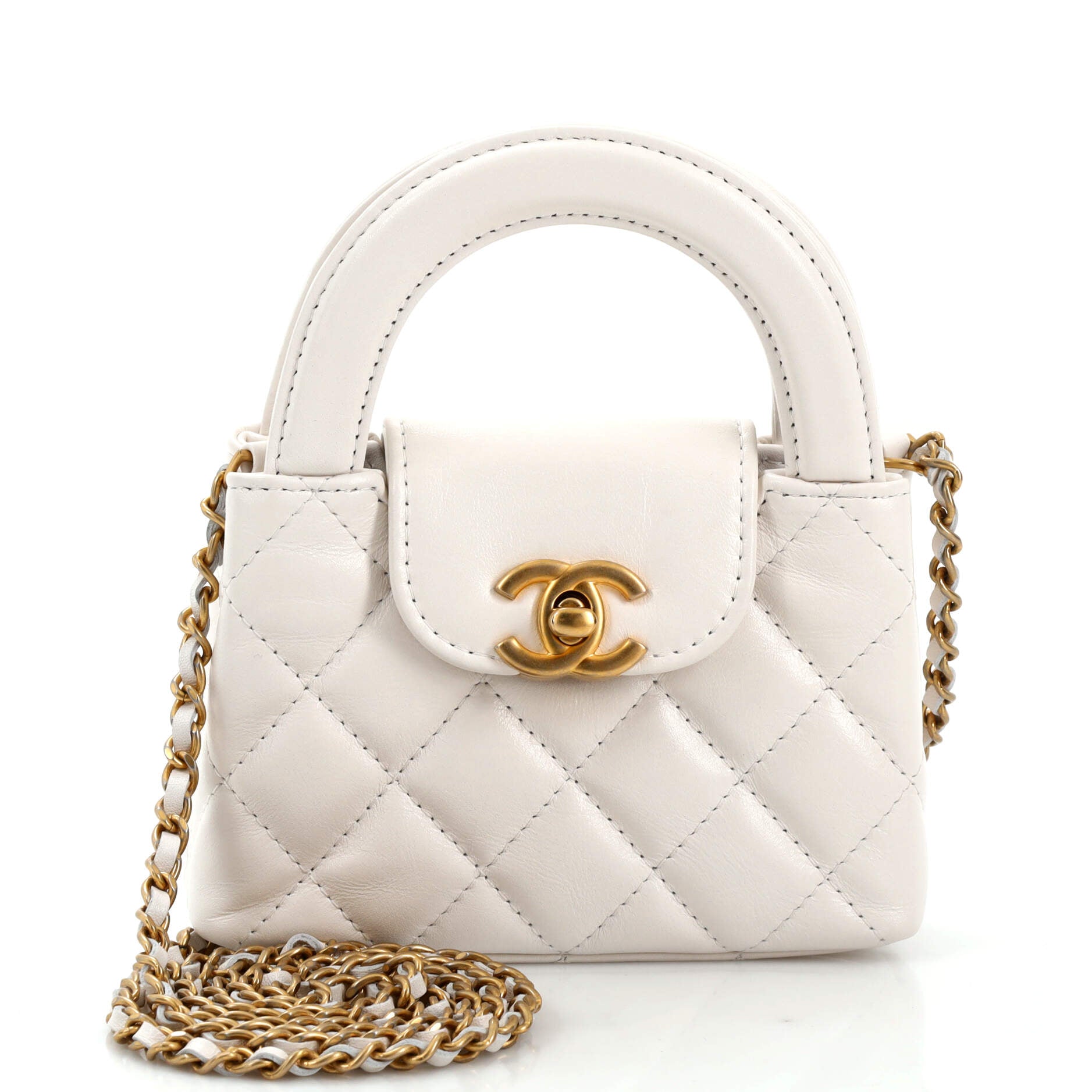 CHANEL Kelly Top Handle Clutch with Chain Quilted Shiny Aged Calfskin