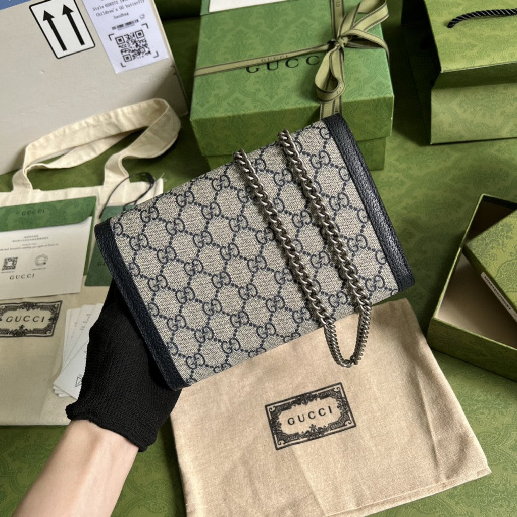 gg Dionysus gg Chain Wallet Beige And Blue Supreme Canvas For Women 8in/20cm 401231 K9GSN 4075