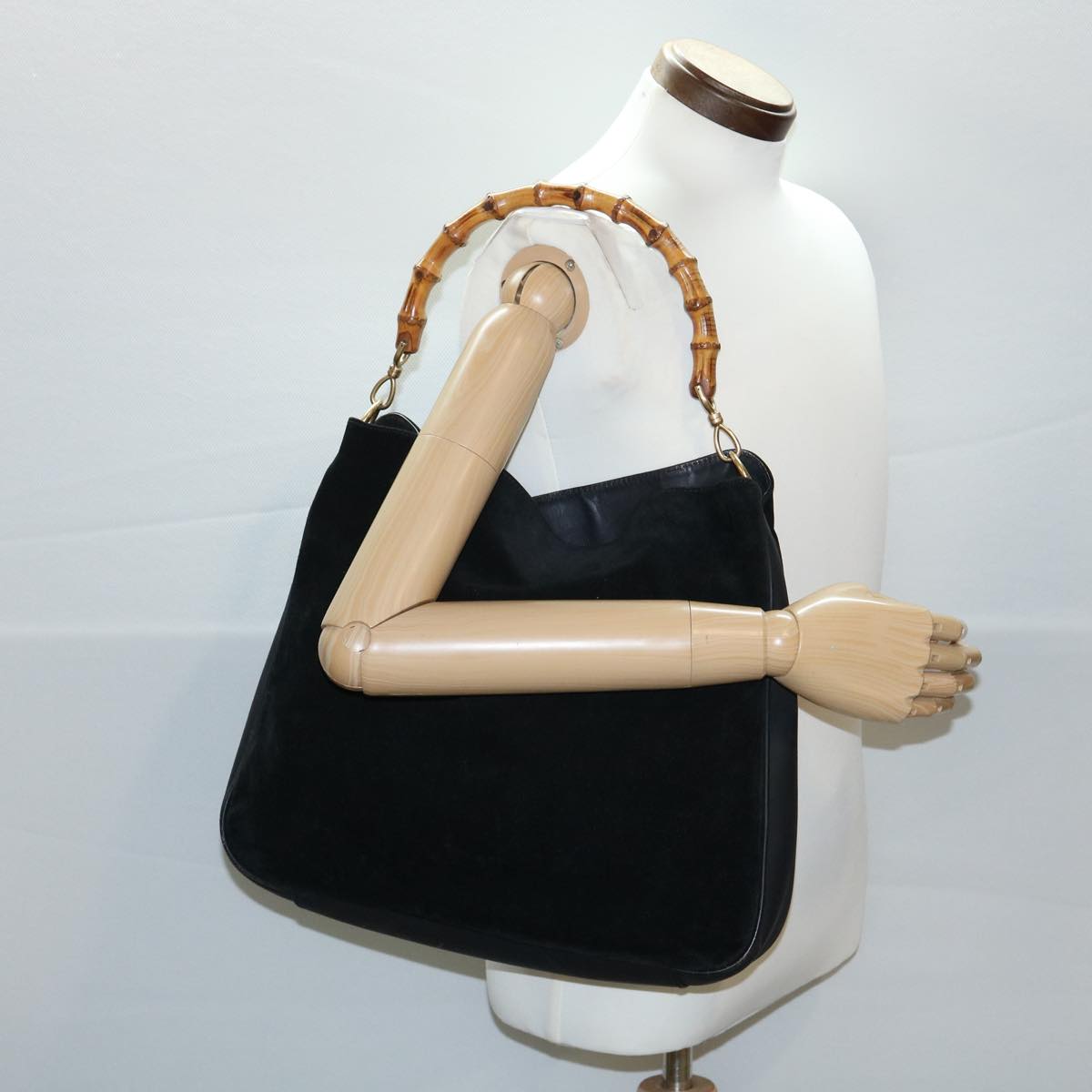 GUCCI Bamboo Hand Bag Suede Leather Black ac987