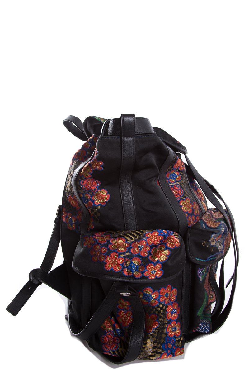 Loewe Black Leather & Multicolor Oriental Silk Print Backpack