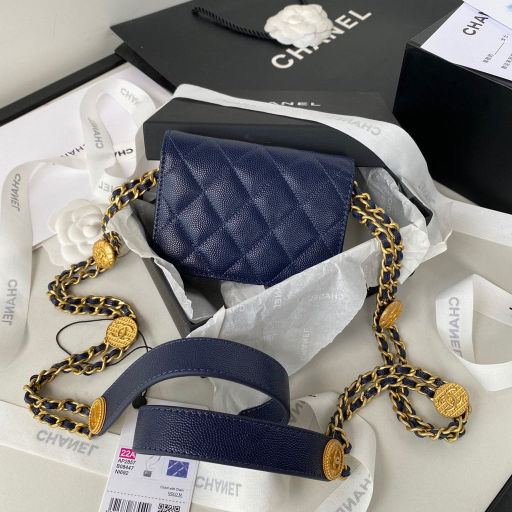 CHL Clutch With Chain Gold Hardware Grained Shinny Navy Blue For Women, Women’s Handbags, Shoulder Bags 4.7in/12cm AP2857