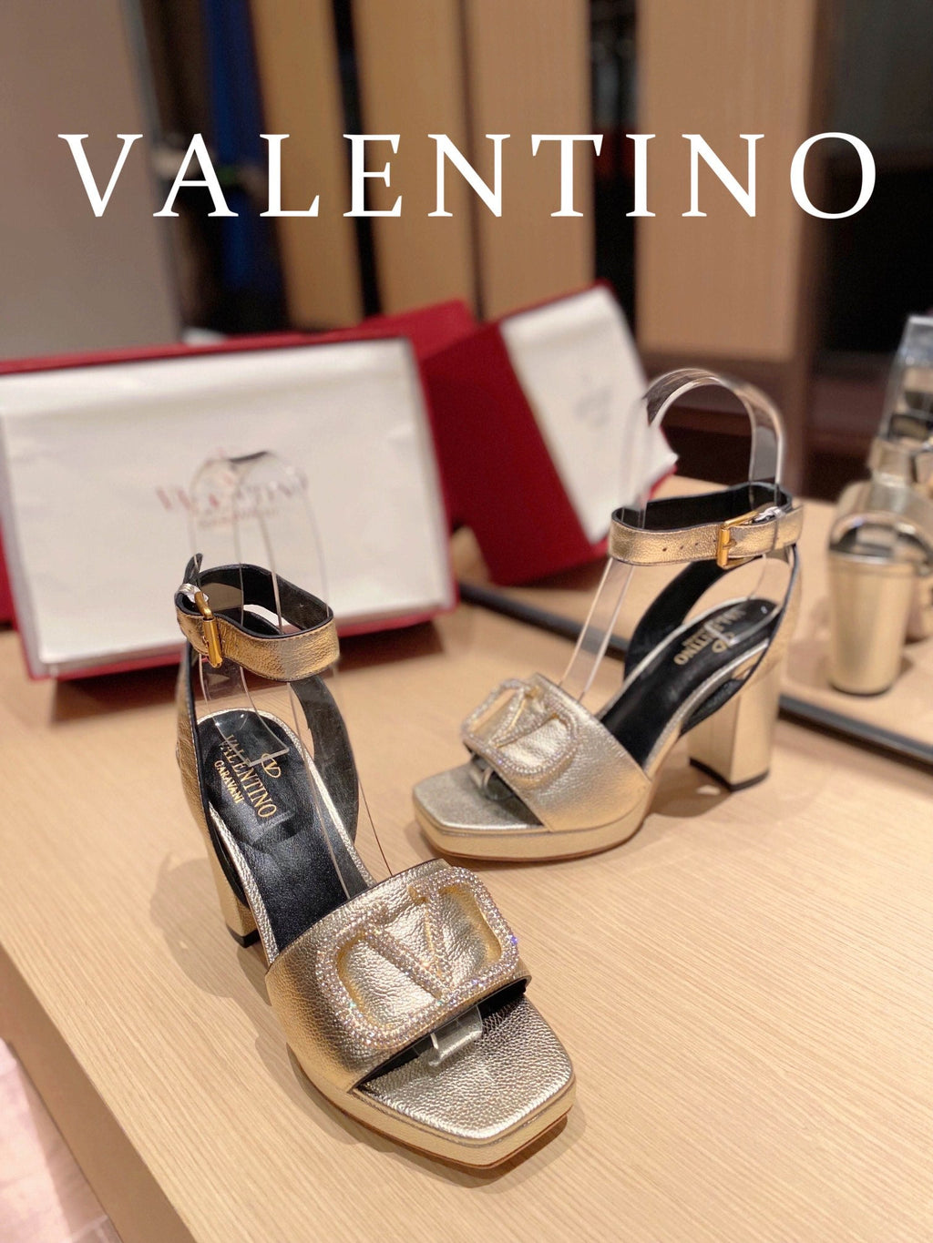 Valentino Garavani Strap Heeled Sandals With V Logo Crystal EmbellisGLAMIent Gold For Women