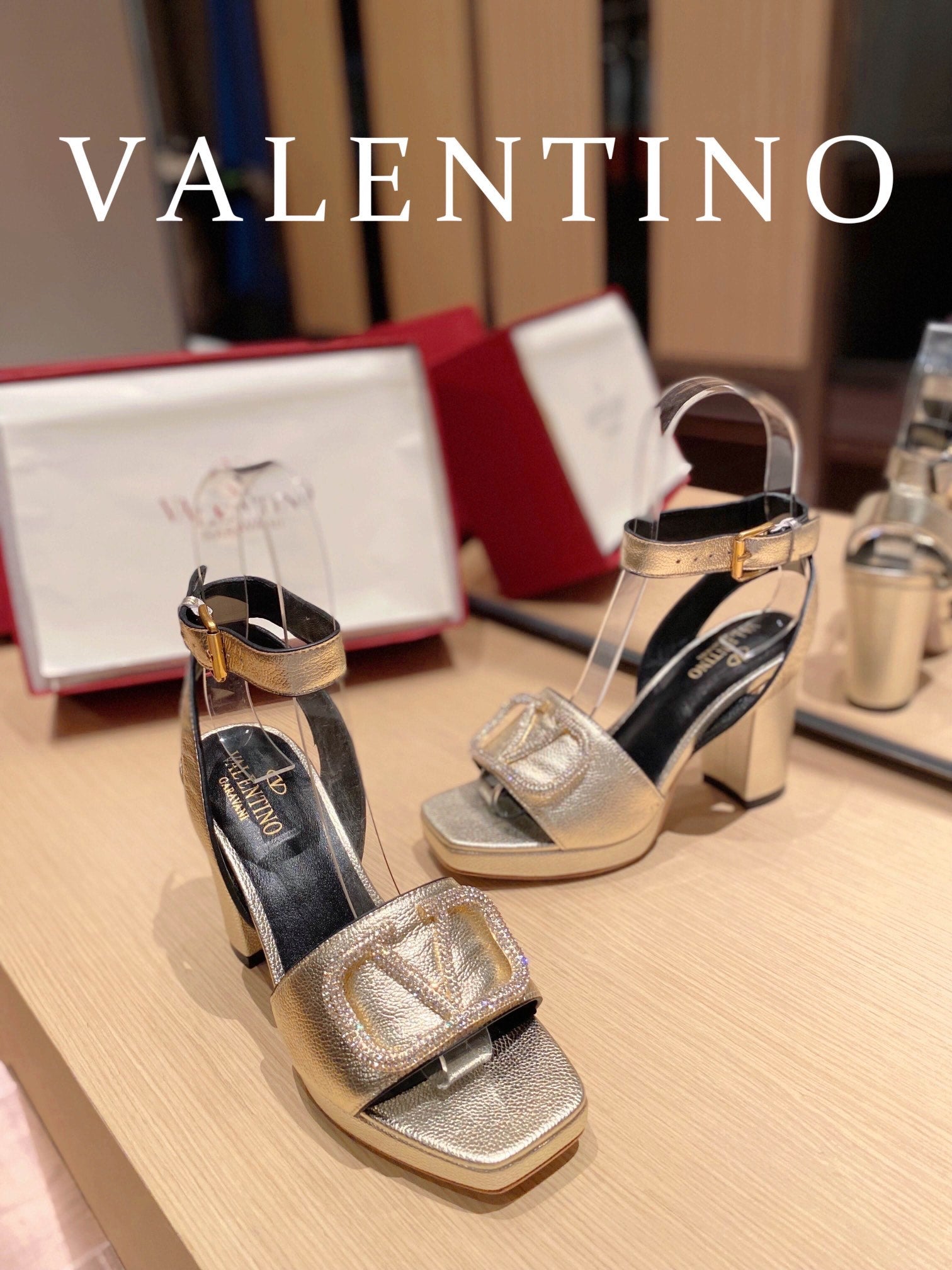 Valentino Garavani Strap Heeled Sandals With V Logo Crystal EmbellisGLAMIent Gold For Women