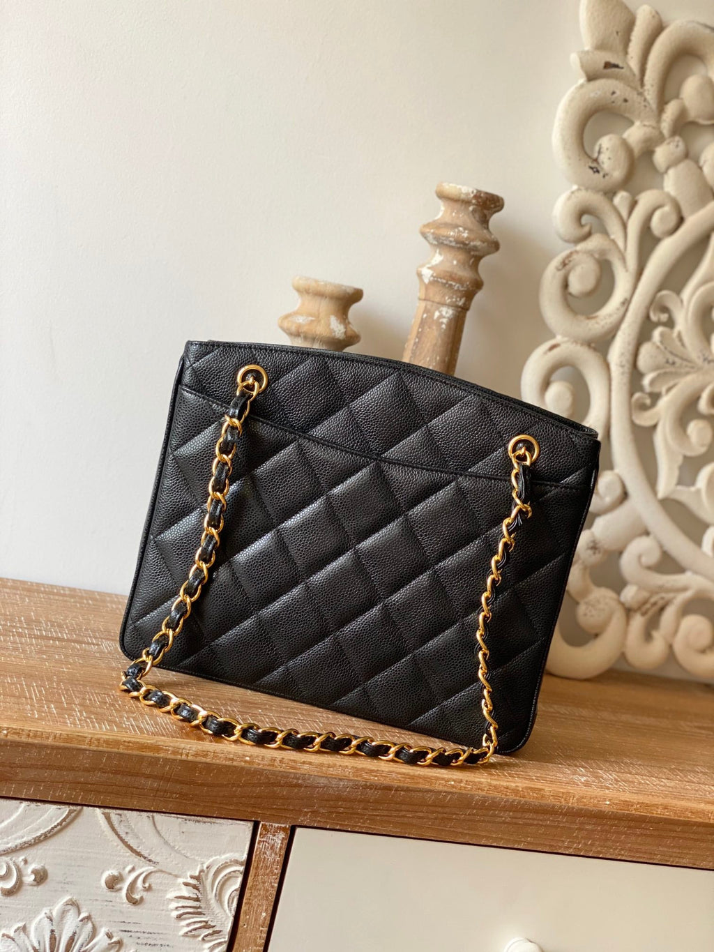 CHLVintage Black MeGLAMIum Quilted Caviar Tote Bag For Women 28cm/11in