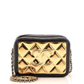 CHANEL Golden Plate Zip Around Vanity Case with Chain Quilted Metal and Lambskin Mini